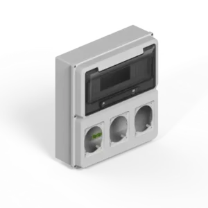 Caja IP65 p/12 polos DIN + un módulo p/3 tomas encapsuladas – gris